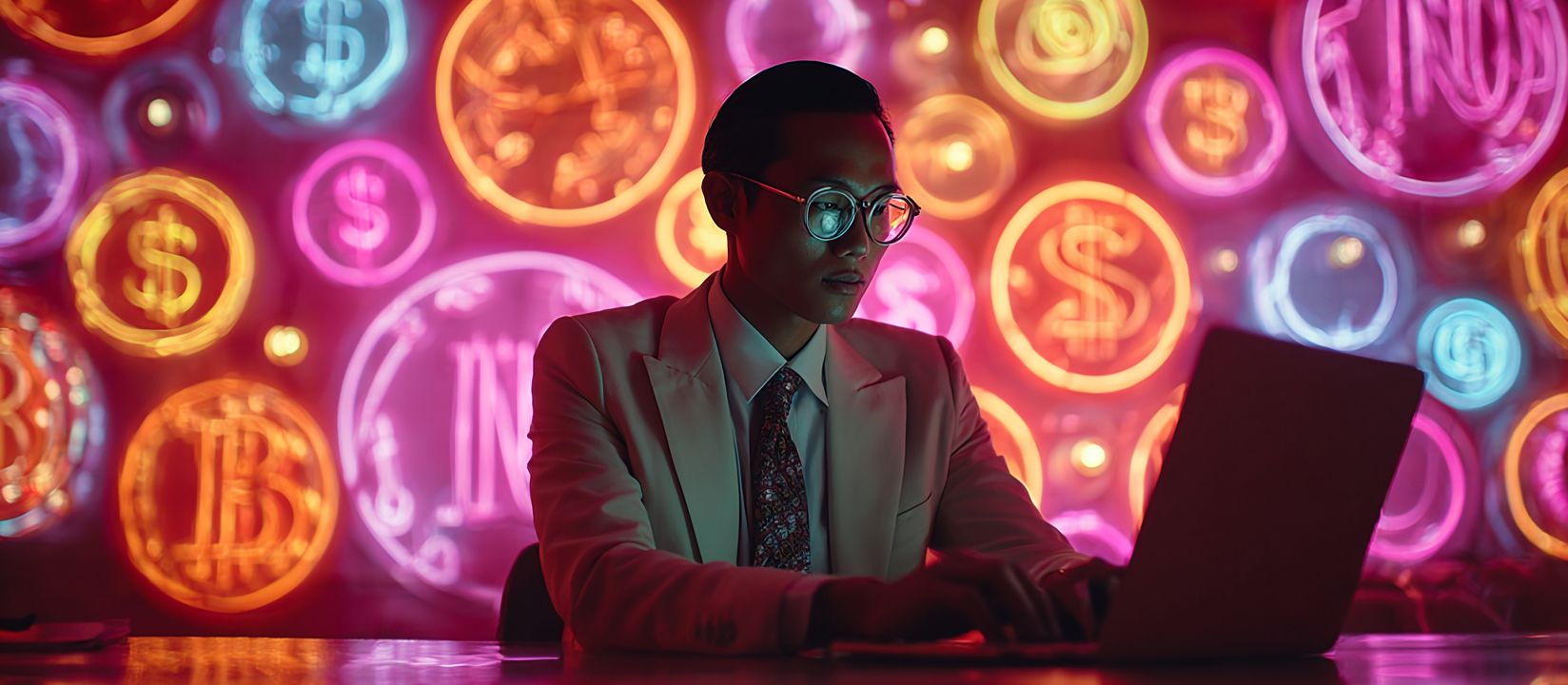 Experience secure and fast transactions at V666 Casino Focused man in glasses using laptop with neon currency symbols at V666 Casino