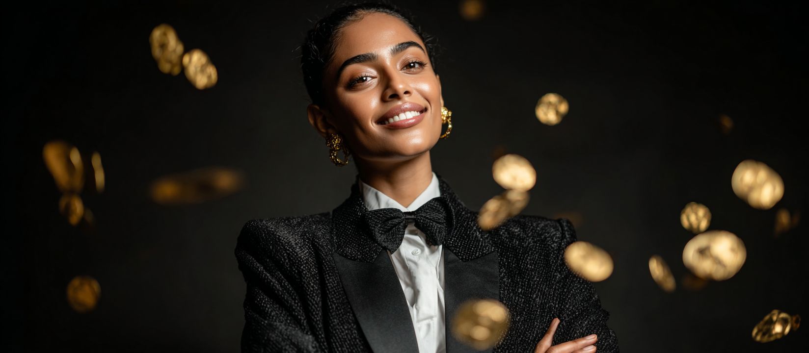 Celebrate your big wins at V666 Casino Smiling woman in a tuxedo surrounded by falling gold coins at V666 Casino