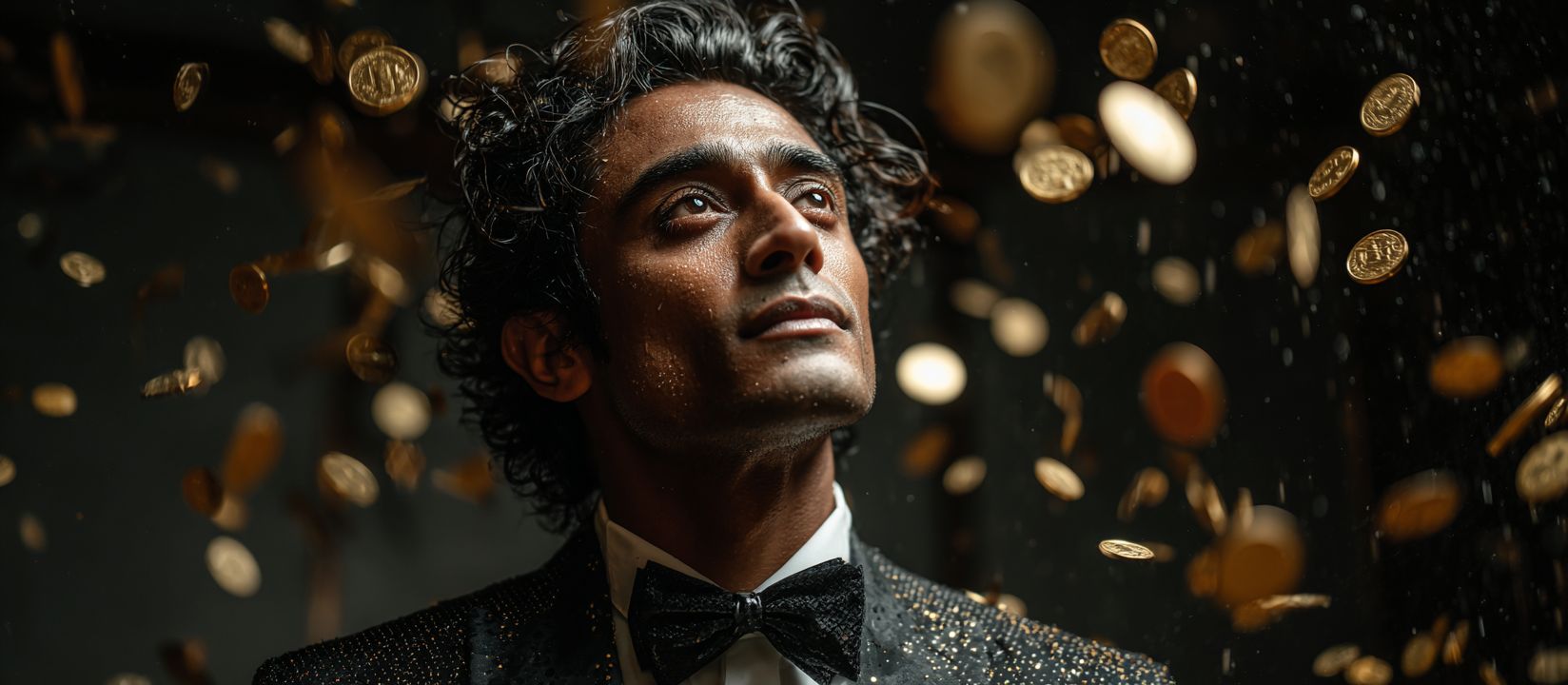 Enjoy luxury and winning moments at V666 Casino Confident man in a tuxedo with gold coins falling around at V666 Casino