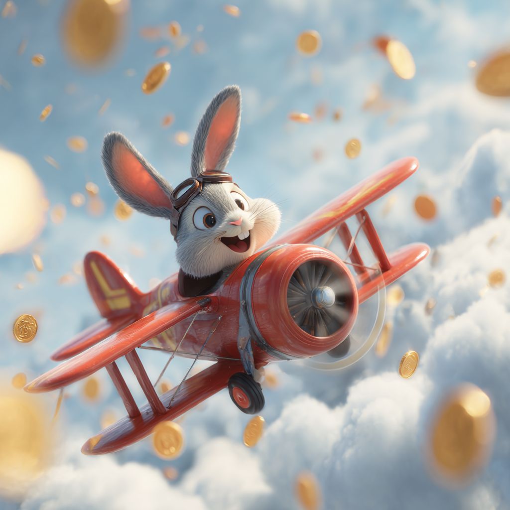 Fly high with V666 Casino and catch your golden winnings Rabbit mascot flying a red airplane through clouds with golden coins for V666 Casino