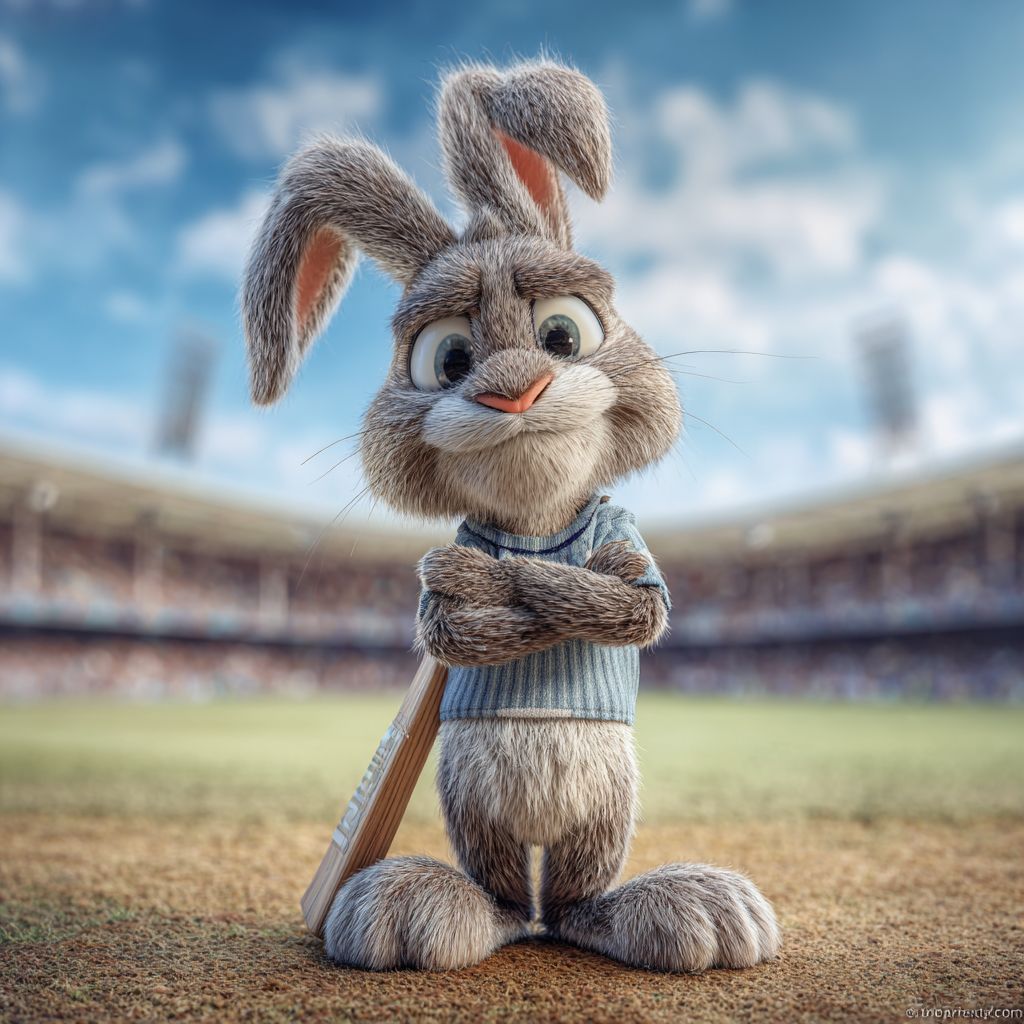 Bet on cricket and other sports with V666 Casino Rabbit mascot holding a cricket bat on the stadium field for V666 Casino sports betting
