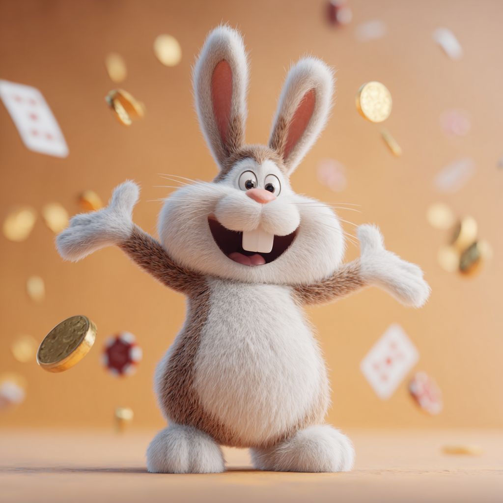 Experience the thrill of winning at V666 Casino Excited rabbit mascot celebrating with flying coins and cards at V666 Casino