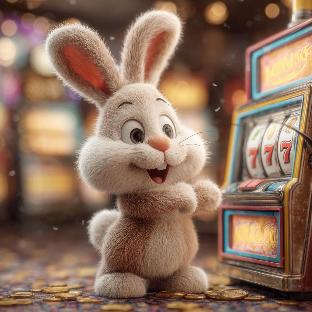 Spin the reels and hit the jackpot at V666 Casino Happy rabbit mascot winning at slot machine with triple sevens at V666 Casino