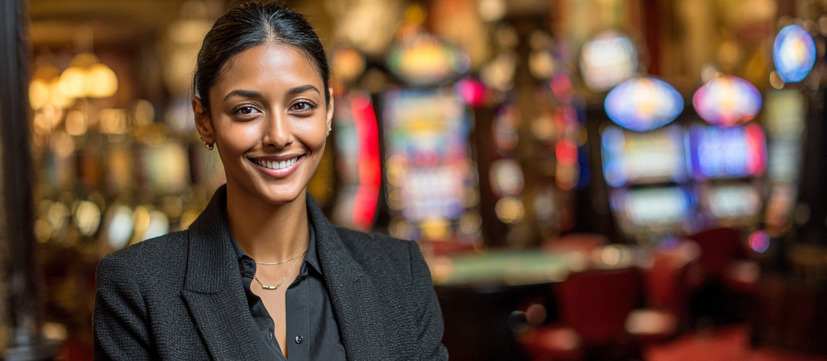 Discover the welcoming atmosphere of V666 Casino Professional woman standing in the vibrant casino hall of V666 Casino