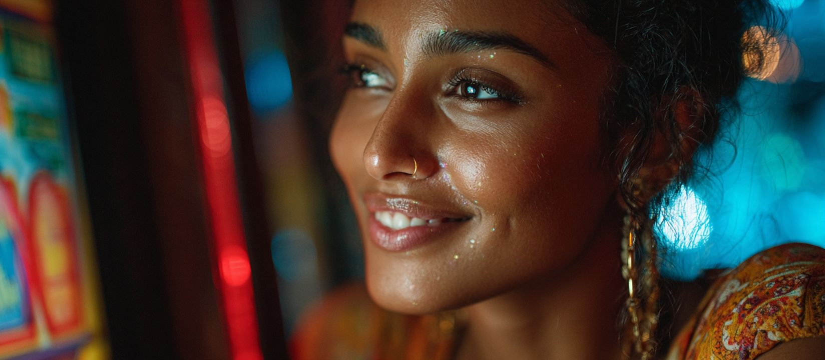 Feel the excitement of slots at V666 Casino Close-up of smiling woman enjoying slot machines at V666 Casino